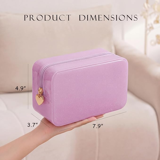 RSRSLEII Stardust Twinkle Jelly Travel Makeup & Toiletry Bag, Waterproof PVC Cosmetic Bag/Case for Women，Zipper SPF Beach Bag for Sunscreen Skincare and Daily Essentials (01Pink)