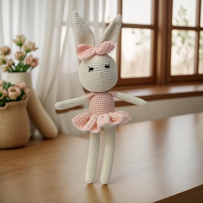 Handmade Soft Bunny Stuffed Animal - Crochet Baby Rattle - Bunny Stuffed Toy - Cotton Knitted Sleep Toy - Stuffed Animals for Babies (12.6 Inches)