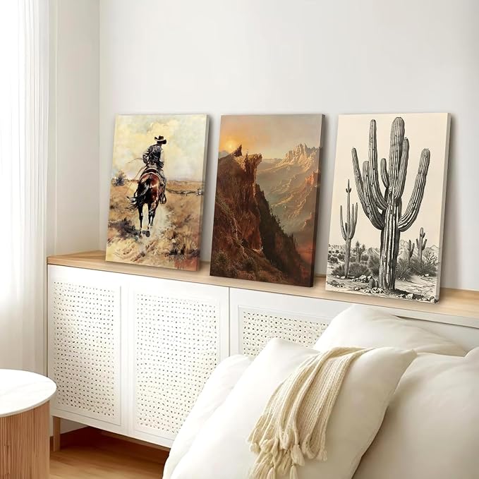 Western Cowboy Wall Art Set of 3, Vintage Southwestern Wall Decor Painting, Western Ranch Desert Farmhouse Poster Canvas Prints Aesthetic Pictures for Bathroom Bedroom Living Room Framed 16x24 inch