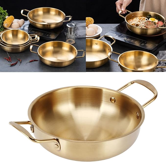 Gold Korean Ramen Pot Korean Ramen Noodle Pot With Handles, Stainless Steel Everyday Pan, Golden Korean Cooking Pot For Soup, Noodle, Pasta, Home And Outdoor (Inner diameter 26cm)