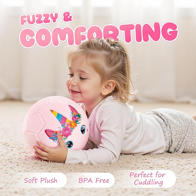 Toddler Soccer Ball with Plush Cover, BPA Free - Size 3 Soccer Ball Soft Touch with Pump for Babies, Toddlers & Kids Ages 1-3 3-5 5-8 - Indoor Outdoor Toys Gift for Boys Girls' Birthday (Pink)