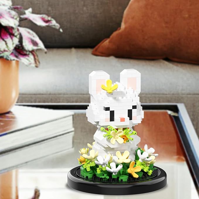Artificial Flower Animal Building Set for Adults,Mini Rabbit Plant Bonsai Tree,Botanical Collection Gift for Kids,Office Home Decor Building Block,Birthday Gift for Girls Women(Osmanthus)