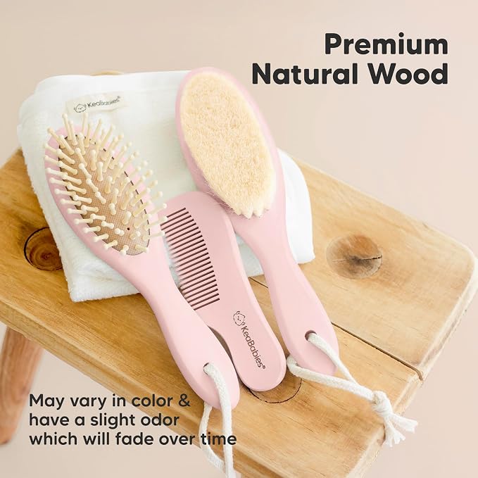 Wooden Baby Hair Brush Set for Newborns, Toddlers - Soft Goat Bristle Baby Brush and Comb Set Newborn Grooming Kit for Cradle Cap Care, Durable & Gentle, Boy, Girl Infant Essentials (Regular, Blush)