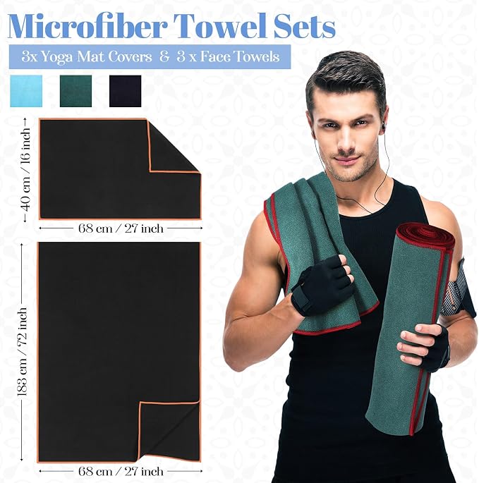 Peryiter 6 Pack Hot Yoga Towel Set - Non Slip Microfiber Towels for Mat and Hand, Quick Dry and Sweat-Activated Grip, 2 Sizes for Women Men Bikram Pilates Gym
