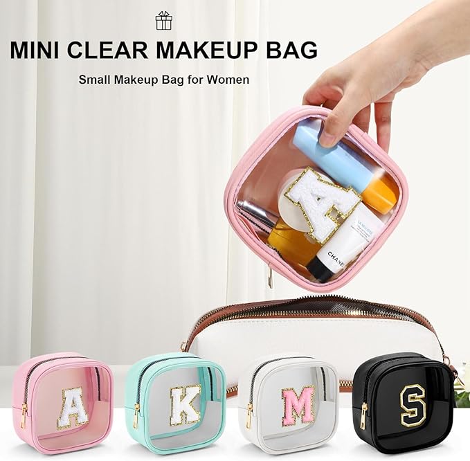 YOOLIFE Initial Makeup Bag Travel Toiletry Bag, Clear Makeup Bag Car Accessories For Women Clear Makeup Bags With Zipper Girlfriend Teacher 13 Year Old Girl Gifts Daughter Girl Gifts Mini Black I