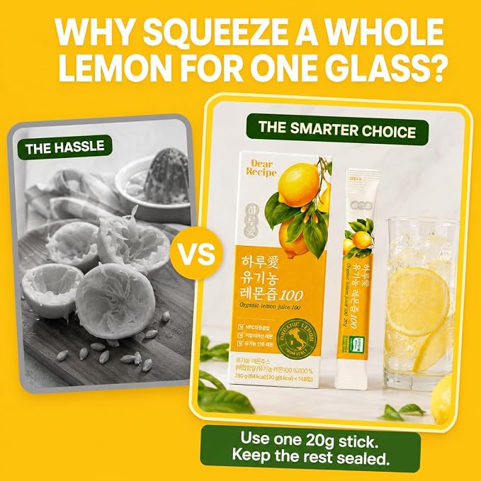 [14 Sticks] Organic 100% Pure NFC Whole Lemon Juice Sticks – 20g Each – Italian Lemon, Cold Pressed, Product of Korea, Non-GMO, No Sugar Added