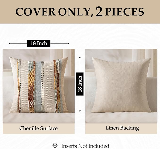 ANRODUO Boho Decorative Pillow Covers 18x18 Blue-Earth Tones Pack of 2 | Throw Pillow Covers, Farmhouse Cushion Case, Chenille Pillow Cases, Pillow Covers, Neutral Pillowcase for Sofa Couch Bed