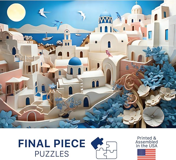 Santorini (#6) – 1000 Piece Jigsaw Puzzle for Adults | Premium European Blue Board | Satin Low-Glare Finish | Ribbon Cut | Bonus Poster | Display-Worthy Box | Printed in USA | Final Piece Puzzles