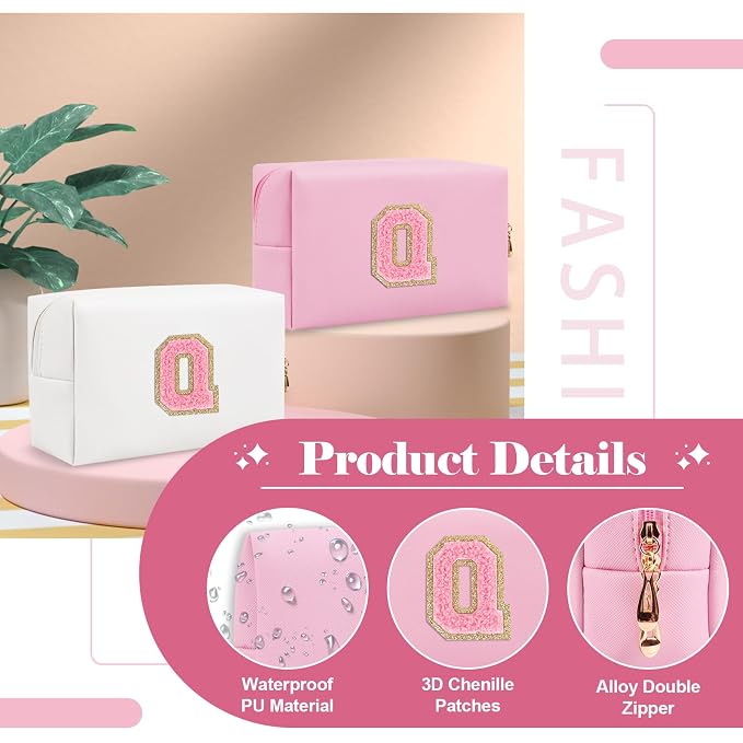 Personalized Initial A-Z Preppy Patch Makeup Bag,Small PU Leather Chenille Letter Cosmetic Bag with Zipper for Teen Girls,Pink Cute Travel Toiletry Bag,Birthday Monogrammed Gift for Daughter,Letter Q