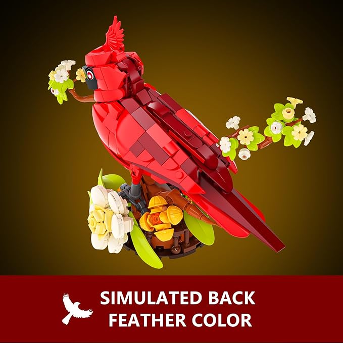Northern Cardinal Building Set, Male Cardinal Bird with Blooming White Dogwood Flowers, Creative Set for Adults to Build and Display, Red Cardinal Modle, Memorial Gifts for Bird Lovers