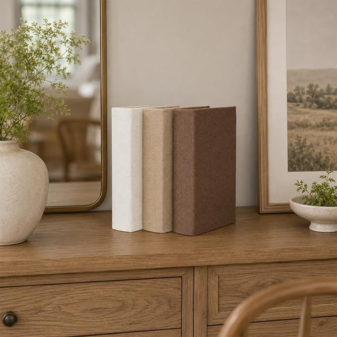 Decorative Linen Faux Book Storage Box Neutral Decorative Book Accent,8" | Vintage book style, faux linen texture, hidden storage, shelf decoration, farmhouse home decor, office organization