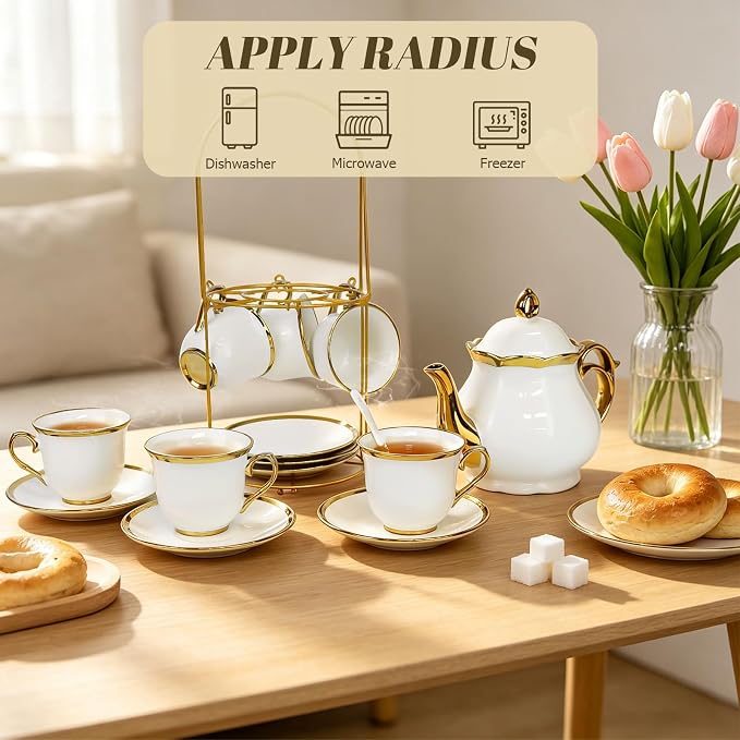 20 Pcs Porcelain Tea Set with Metal Holder, Adult Tea Set Gift, European Ceramic Tea Set for Adults, Flower Tea Cup Saucer Set for Party With Gold Trim(French White/1100ml)