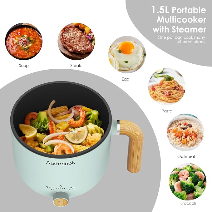 Audecook Hot Pot Electric with Steamer, 1.5L Portable Nonstick Rapid Noodles Cooker, Travel Electric Skillet with Dual Power Control for Ramen/Pasta/Soup/Steak/Egg/Oatmeal (Green)