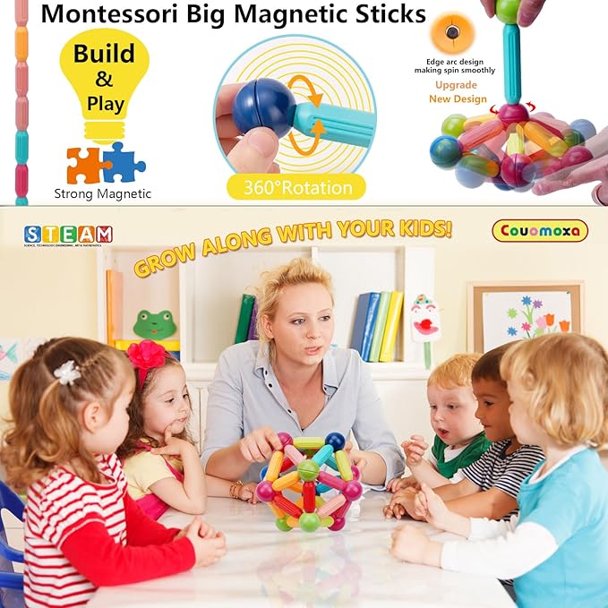 COUOMOXA Magnetic Toy Montessori for Kids: 3 4 5 6 7 8 9 10 11 12 Years Old Kids Building Sticks - Magnetic Creative Toy Age 3-12 Playroom Family - Christmas Birthday Gift for Boys Girls