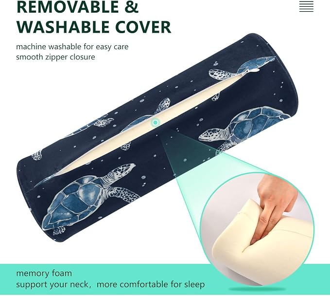 Sea Turtle Navy Blue Neck Roll Pillow Bolster Round Health Memory Foam Long Cervical Cylinder Pillows with Removable Washable Cover for Body Bed Legs Back Yoga