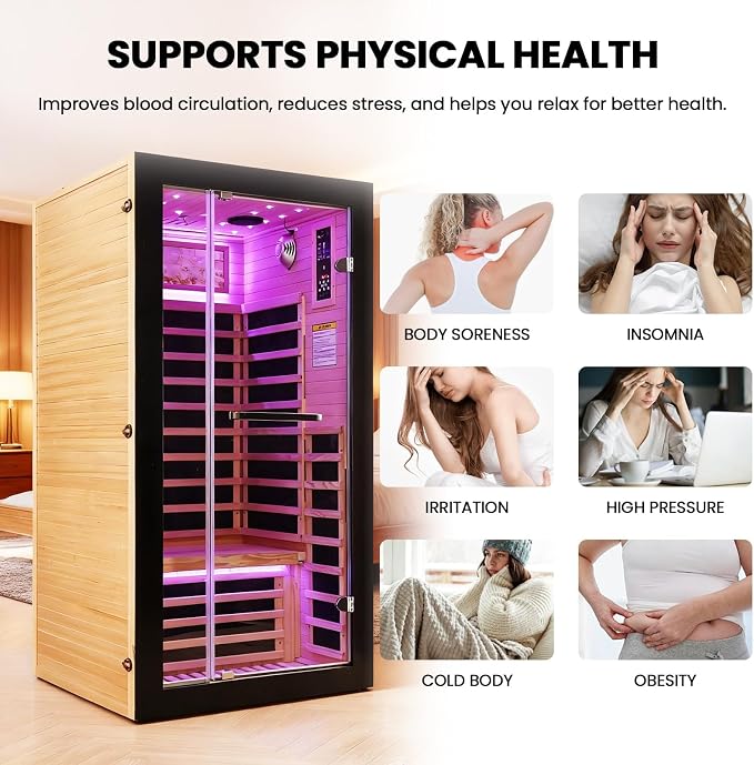 Sauna, 1-Person Far Infrared Sauna, Low EMF Indoor Home Sauna 1450W | Canadian Hemlock Wood Luxurious Dry Sauna with 7 Color Starry Ceiling & Speakers Fast Heating Easy Assembly 35.4x35.4x70.8"