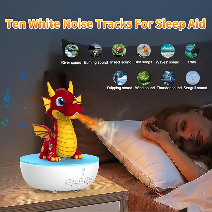Aromatherapy Dragon Humidifier, 200ML Essential Oil Diffuser with Remote & Timer, White Noise Machine with 10 Soothing Sounds, Cute Small Humidifiers for Kids Bedroom, Home, Office (Red)