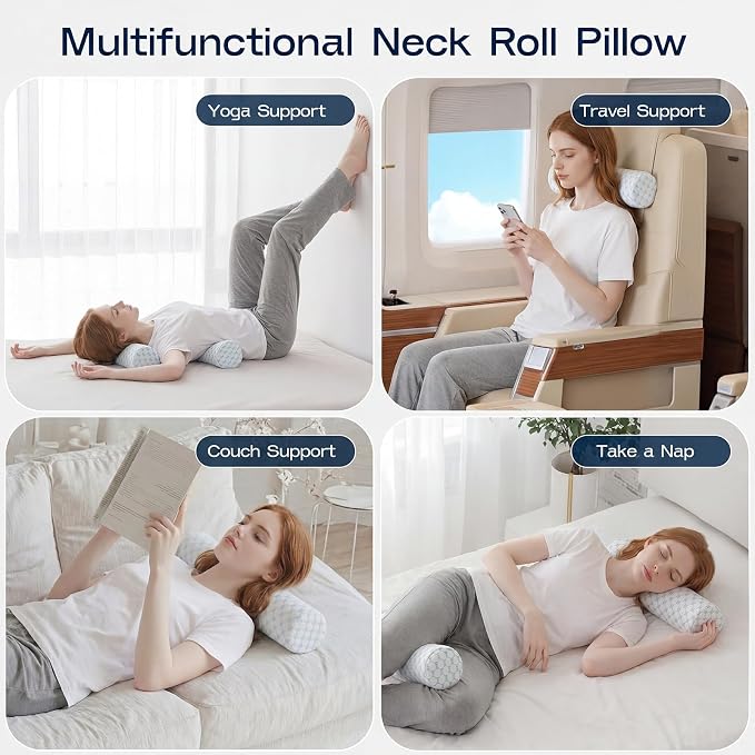 Neck Roll Pillow, Memory Foam Neck Support Pillows, Round Neck Pillows, Cylinder Bolster Pillows for Bed, Couch, and Yoga, Removable Washable Cover,18 * 4.1 * 4.1inch (Cool-Blue)