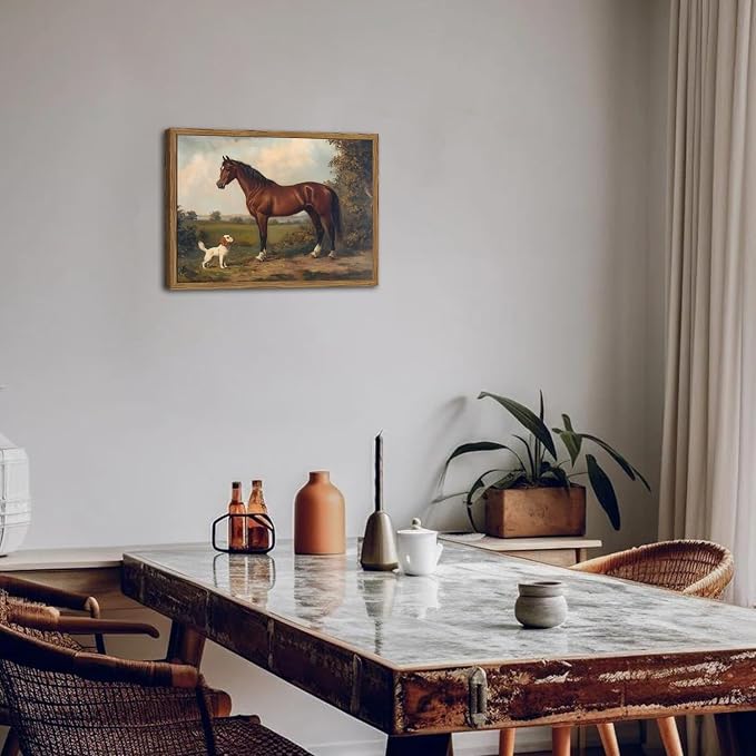Framed Vintage Wall Art, Rustic Horse and Dog Pictures Wall Decor, Farmhouse Animal landscape Paintings Canvas Prints Neutral Aesthetic Home Decor for Living Room Bedroom Bathroom Office 12x16 inch