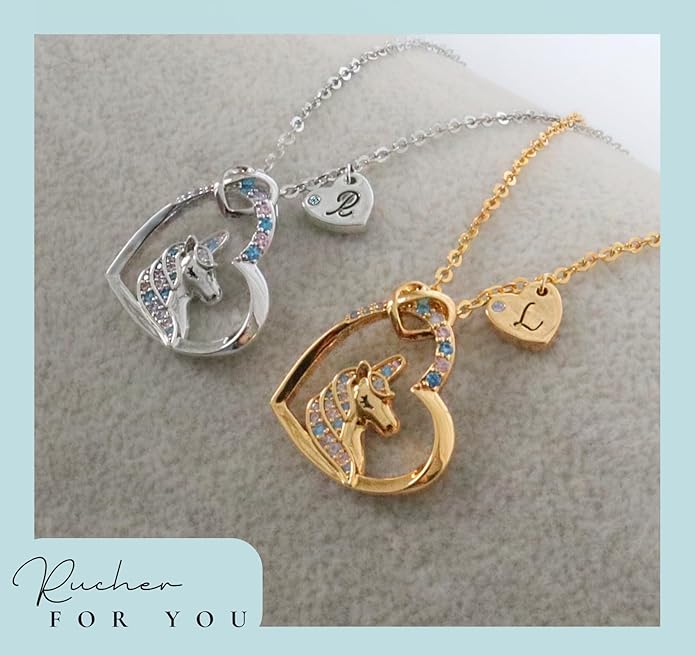 Valentines Day Gifts for Kids Girls - Unicorn Necklace for Girls with Initial Heart Pendant & Gift Box, 18K Gold Fashion Kids Jewelry, Colorful Heart Necklace for Birthdays & Costume Parties.