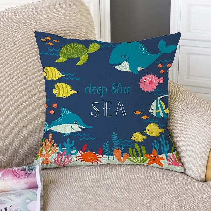 Cartoon Fish Whale Throw Pillow Cover 18 x 18 Inch, Cartoon Underwater Ocean Theme Sea Animal Nature Shark Turtle Decor Linen Cushion Cover for Sofa Couch Bed