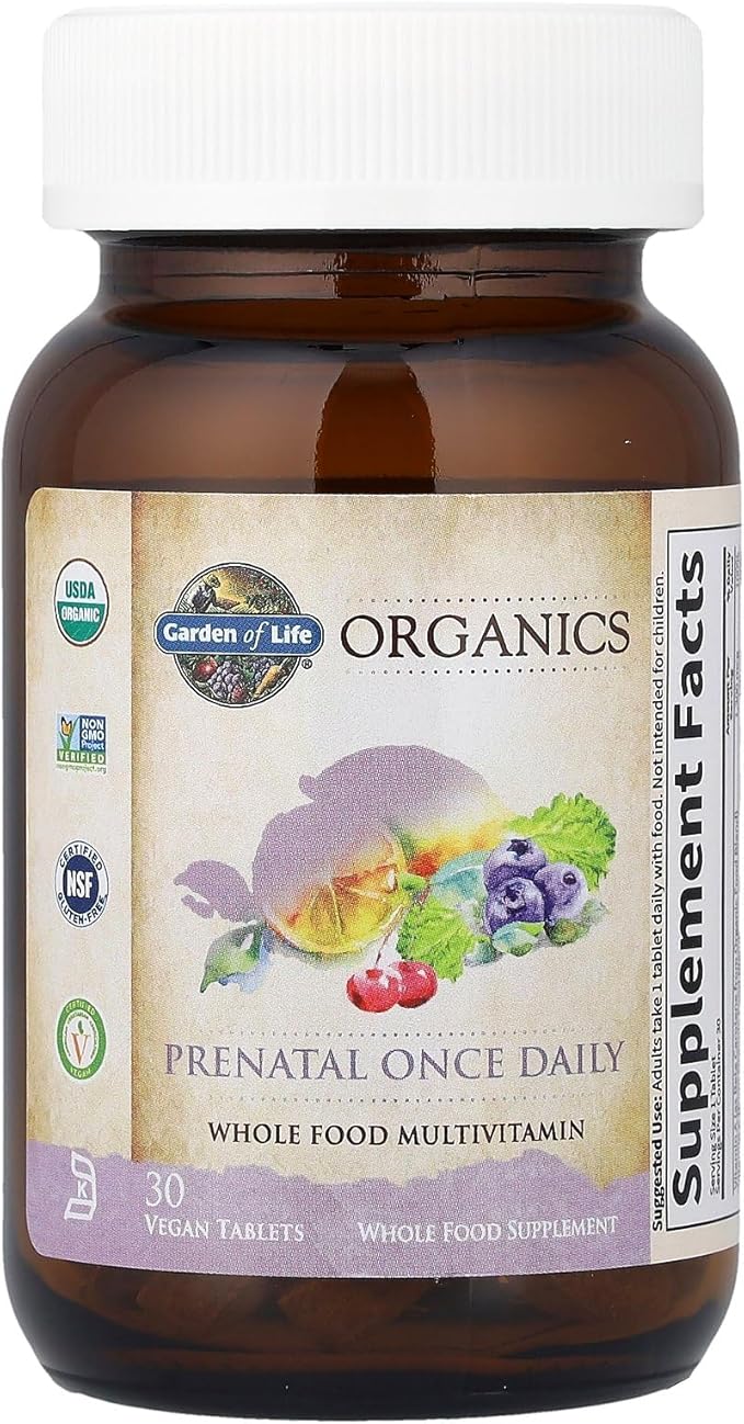 Garden of Life Organics Prenatal Vitamin: Folate for Energy & Healthy Fetal Development, Non-constipating Iron, Vitamin C, B6, B12, D3 – Organic, Non-GMO, Gluten-Free, Vegan, 30 Day Supply