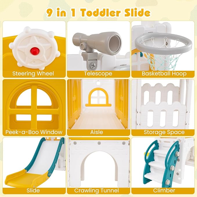 Costzon 9 in 1 Toddler Slide, Kids Slide and Climber Playset with Basketball Hoop, Telescope, Steering Wheel, Aisle, Tunnel & Storage Space, Baby Indoor Playground for Kids Aged 1+