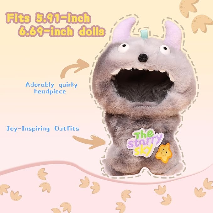 Clothes for labubu Doll 17cm Accessories Suit Cute Clothes for Doll Dress up Monster Style Outfits（Grey）