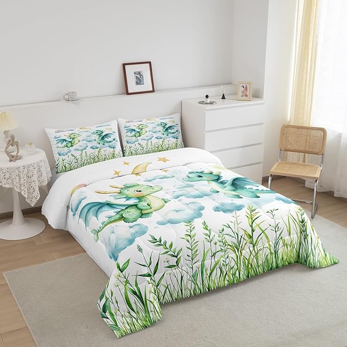Feelyou Dragon Comforter Set King Size Dragon Stuff Comforter for Boys Girls Teens Wild Life Bedding Set Dragon Decor Duvet Set Room Decor Green Quilt Set