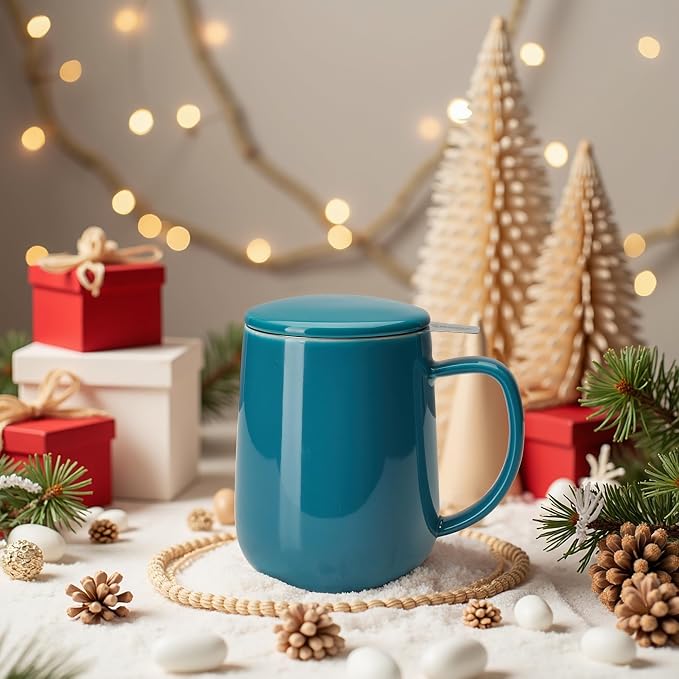 Sweese Porcelain Teacup with Infuser and Lid, 20oz, Steel Blue, Microwave Safe, Reusable