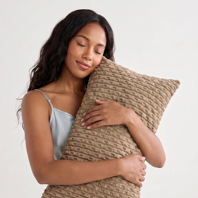 Kevin Textile Soft Corduroy 12"x24" Lumbar Pillow Cover 1 Pack, Khaki | Boho Stripe Plush Corduroy Decorative Oblong Cushion Cover Modern Farmhouse Home Decor for Sofa Couch Bed Chair