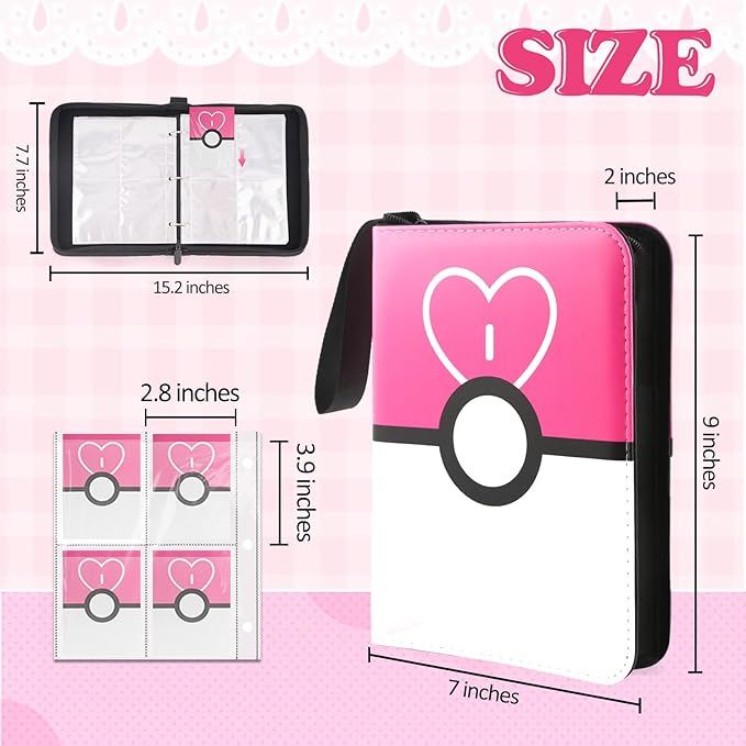 4 Pockets Trading Card Binder, 400 Card Holders with 50 Removable Sleeves, Portable Card Binder Album with zipper, Card holder Book for Game, Sport Collection (Light Pink)