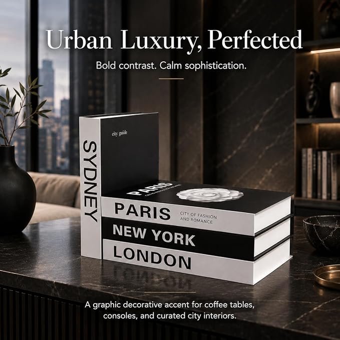 4 Pcs Decorative Books | Faux Travel Coffee Table & Shelf Decor | Worldly Eclectic Look for Living Room, Office and Entryway - Not Real, Tool-Free 2-Min Setup