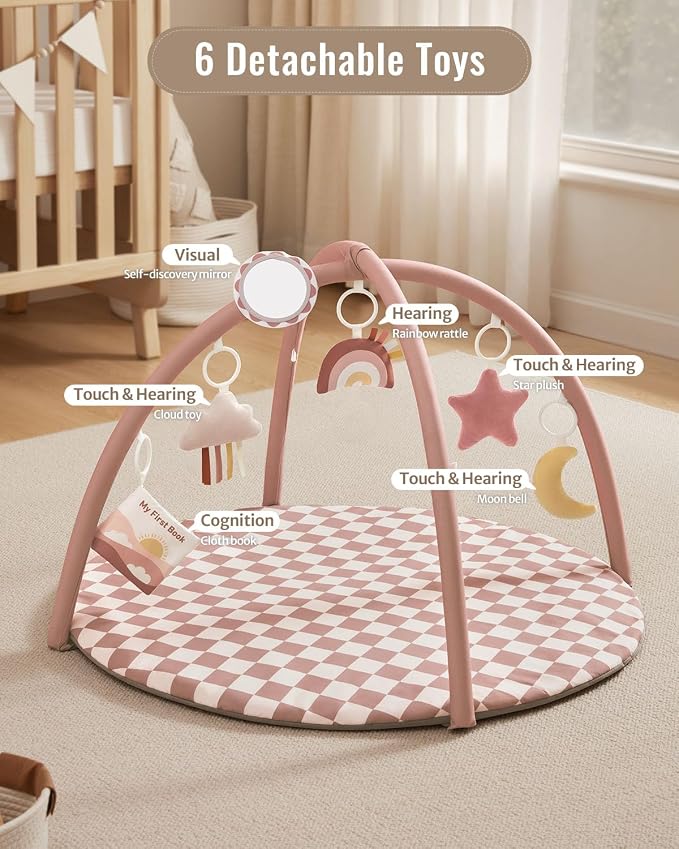 Blissful Diary Baby Play Gym Mat, Play Mat Activity Mat with 6 Detachable Toys for Stage-Based Sensory & Motor Skill Development, Easy to Install & Clean, Baby Essentials Gift, Blush Checkered
