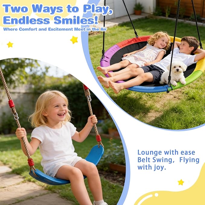 3-in-1 Swing Set for Backyard for Kids, with 1 Platform Swing, 2 Belt Swing, 600lbs Metal Swing Set for Toddler, Heavy-Duty Swing Stand w/8 Ground Stakes, Outdoor Swingset for Kids Adults (Blue)
