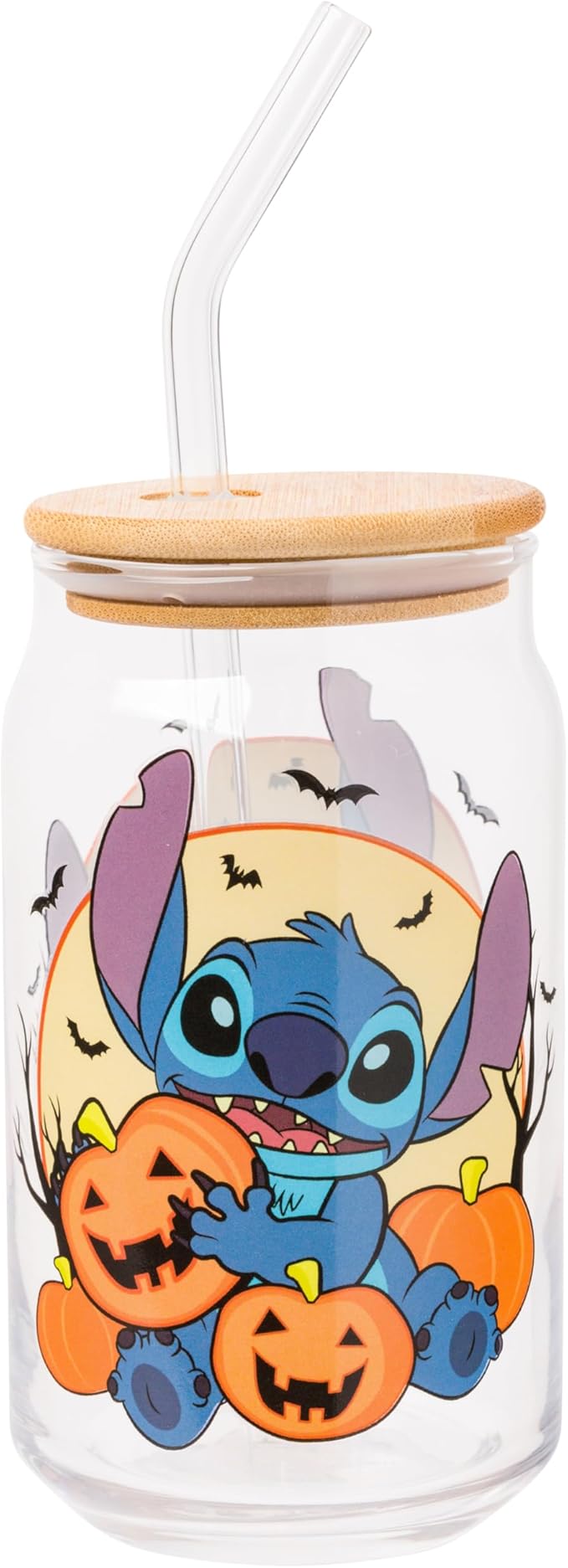 Silver Buffalo Disney Lilo and Stitch Halloween Spooky Pumpkin Patch Jack-O-Lantern Glass Jar Tumbler with Bamboo Lid and Glass Straw, 16 Ounces