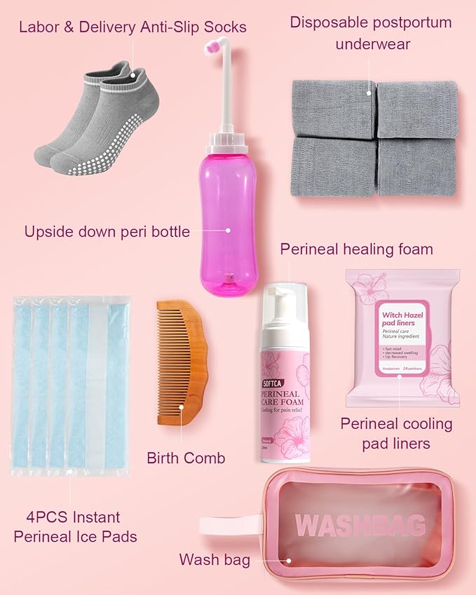 Postpartum Recovery Essentials Kit, Postpartum Kit for New Mom | Birth Comb, Peri Bottle, Disposable Underwears, Perineal Healing Foam, Instant Ice Pads, Cooling Pad Liners, Socks, Wash Bag