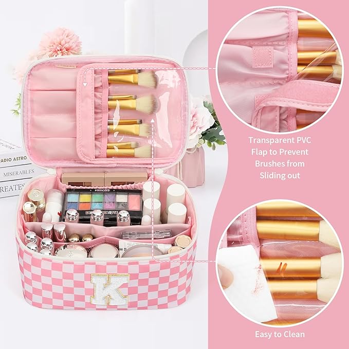 OCHEAL Makeup Bag Valentines Day Gifts for Women, Monogram Cosmetic Bag Pink Travel Makeup Case Beauty Toiletry Bag Organizer Personalized Gifts for Girls Bridesmaid, Sister, Wife, Friends Initial K