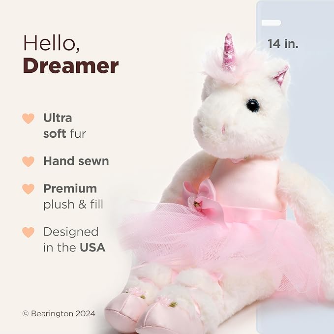 Bearington Collection Ballerina Themed Stuffed Animal - Ballet Doll - Dance Recital Gifts for Girls - Unicorn Dreamer - 14"