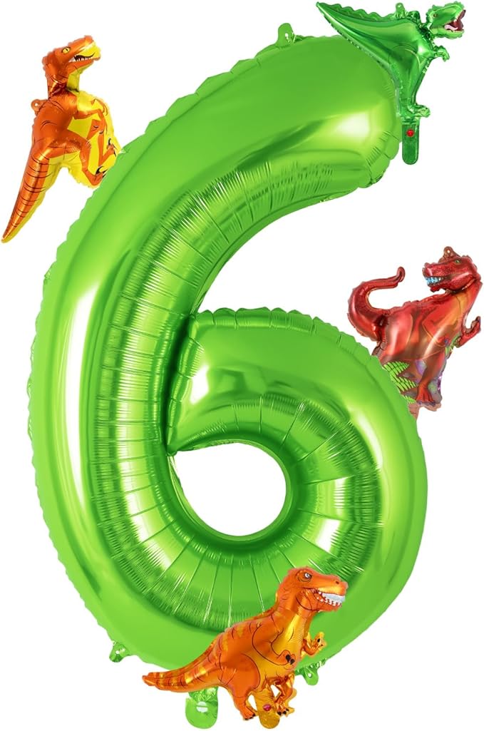 Dinosaur Green Number 6 Balloon, 40 Inch Big Large Foil Helium Green Number Balloon with 4 Pcs Mini Dinosuar, Dinosuar Balloons Set for 6 Year Old Birthday Party Decorations Supplies