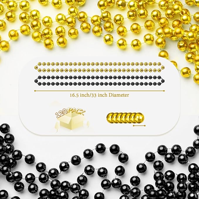 YAXINRUI 120 PCS Gold Black New Year Necklaces, New Year Bead Party Favors, Happy New Year Necklace, 33‘’ Gold Black Beaded Necklaces for 2026 New Years Eve Christmas Halloween Festive Events