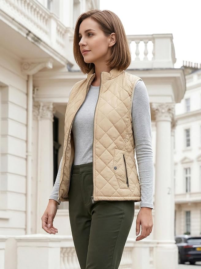 Fuinloth Women's Quilted Vest Lightweight Puffer Stand Collar Zip Gilet | 4 pockets with 2 inner storage. Quilted padded warm gilet. Fall winter outerwear layering vest for travel hiking daily wear.