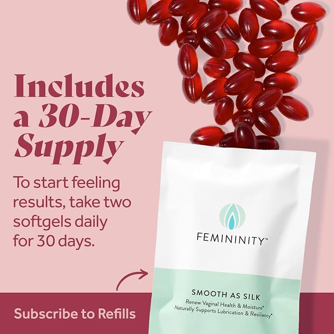 Femininity Smooth as Silk Softgels for Vaginal Dryness 30-Day Refill | Sea buckthorn oil with 365mg Omega 7 plus Omega 3. Supports natural moisture.