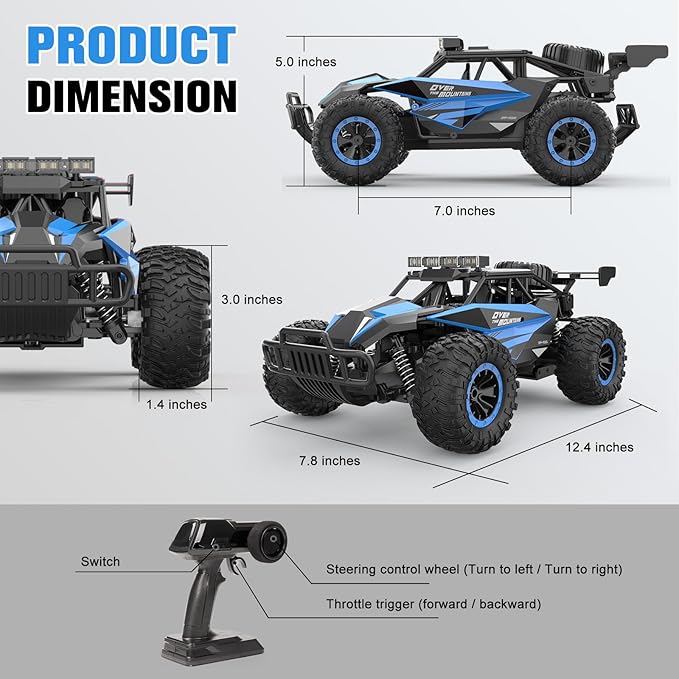 kolegend Remote Control Car, 2.4GZh High Speed 20km/h RC Monster Trucks 30+min with LED Headlight and Rechargeable Battery for Boys Girls Kids
