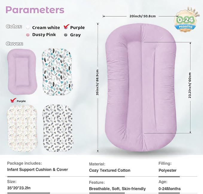 Infant Support Cushion - Baby Support Cushion for Newborn, 0-24 Months, Breathable Cotton Tummy Time Mat, Supervised Use, Portable Newborn Essentials for Home and Travel, Purple (Cover Included)