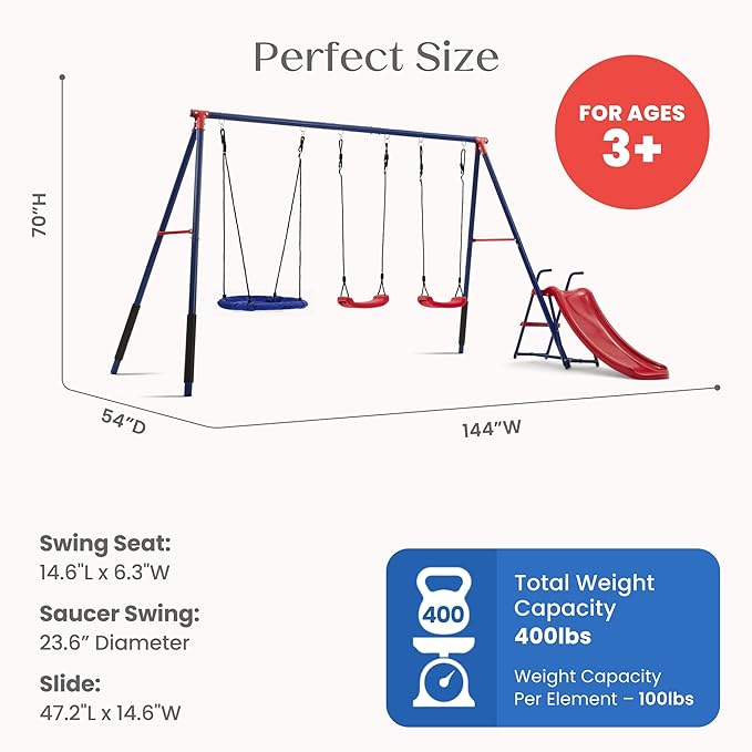 Delta Children FunZone Outdoor Metal 4-Piece Swing Set - Includes 2 Swings, 1 Disc/Saucer Swing and Slide, Blue/Red