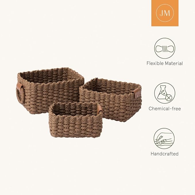 LA JOLIE MUSE Small Wicker Baskets for Organizing, Brown 3 Pack | Decorative Organizer with Vegan Leather Tag, Round Handle, Storage Baskets for Shelves, Bedroom, Kitchen, Office and Home