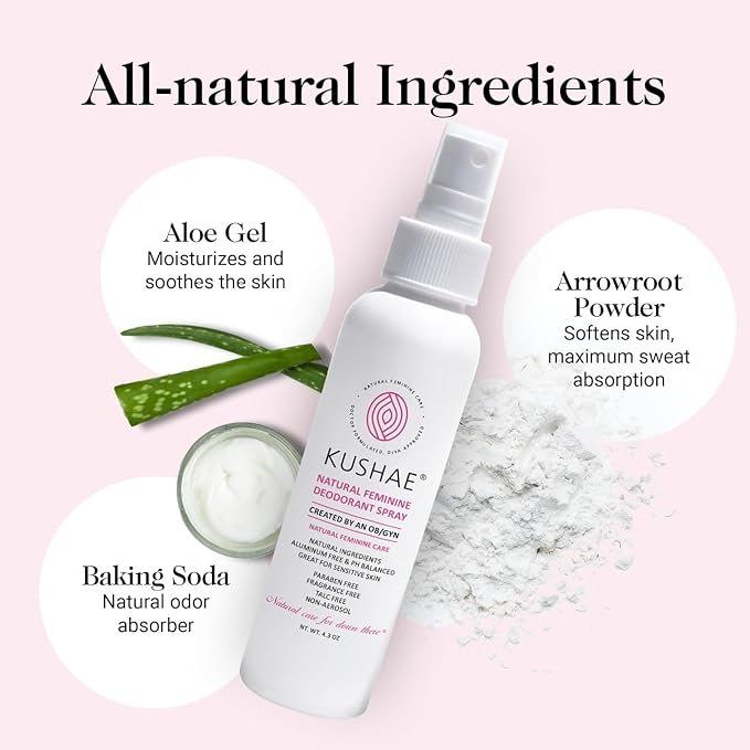 Kushae Natural Feminine Deodorant Spray for Women, All Natural, Unscented and Fragrance Free, Refreshing Control for Odor and Dryness, 4 oz