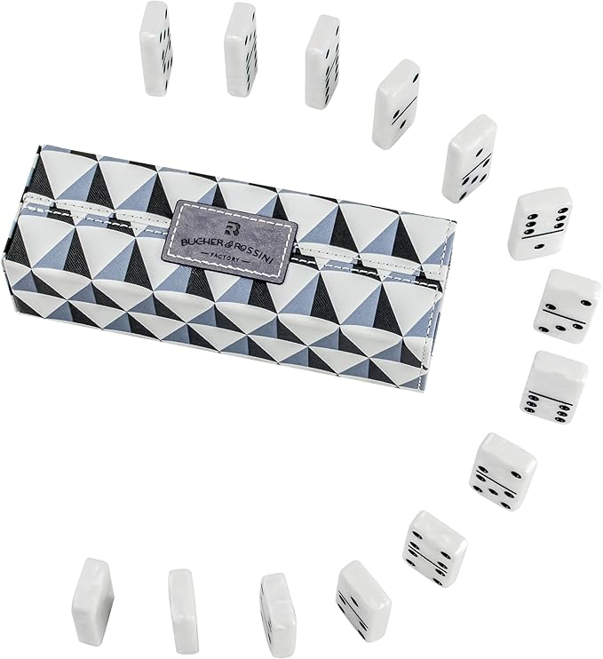 Dominos Set for Adults, Double 6 Domino Set, 28 Jumbo Marbleized White Tiles, Dominoes Set for Adults and Kids - Classic Board Games for Family & Travel (in Rhomb Pattern Leather Case)
