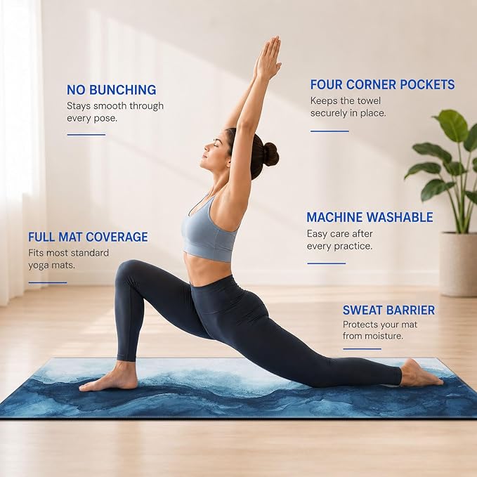 Yoga Mat Towel, Hot Yoga Non Slip with 4 Corner Pockets, 74 x 26 in | Soft Absorbent Microfiber With Four Corner Pockets, Fits Over Yoga Mats For Hot Yoga, Pilates, Gym, And Travel